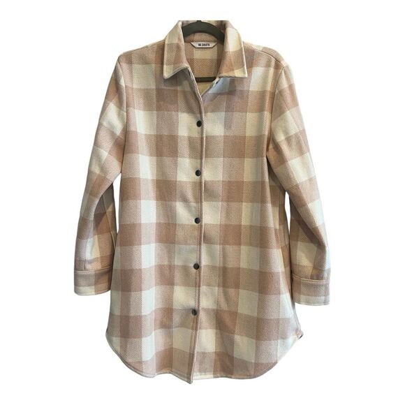 BB Dakota‎ Flannel Button-Up Wool Blend Shacket Plaid Peach Cream Women Size L - Picture 1 of 5